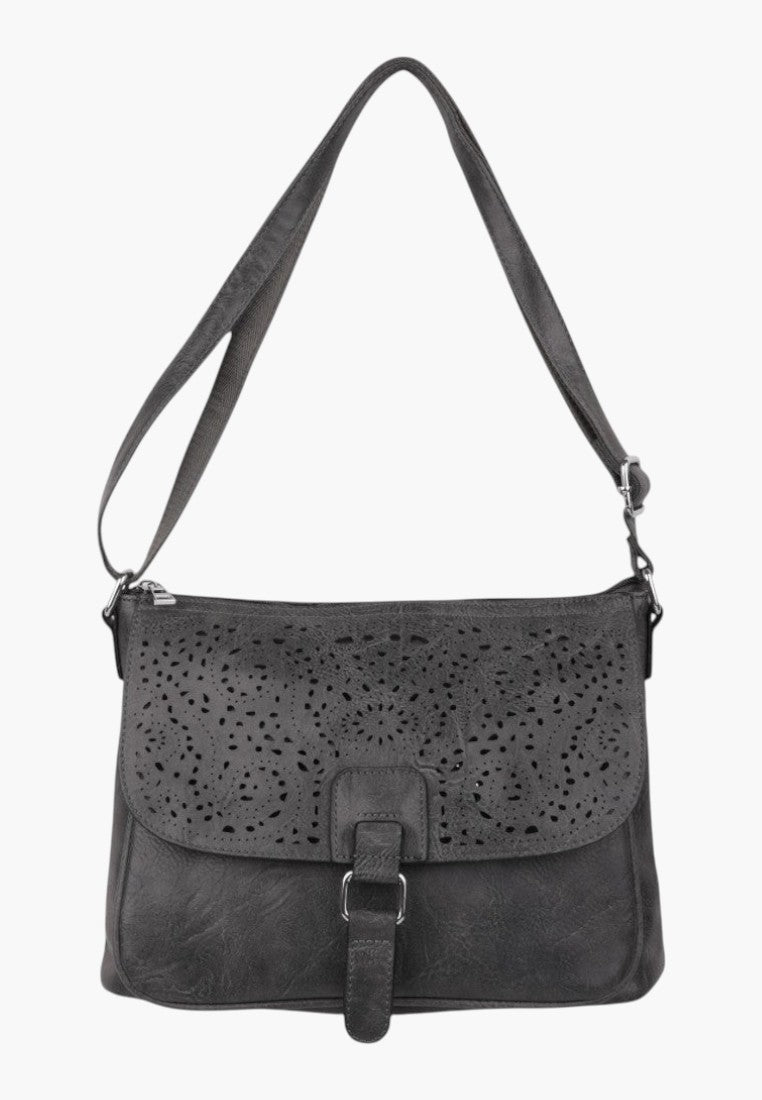Falio black crossbody bag with laser-cut floral pattern on the flap and an adjustable shoulder strap