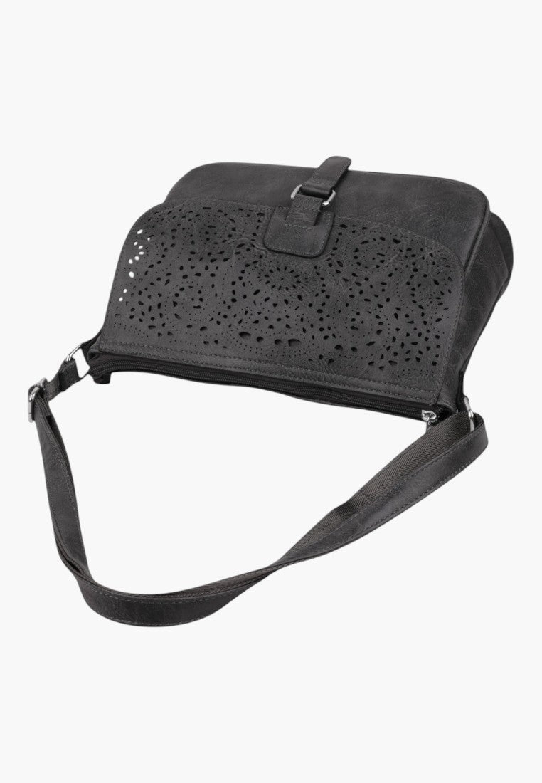Falio black shoulder bag with laser-cut floral pattern, adjustable strap, and secure flap closure.