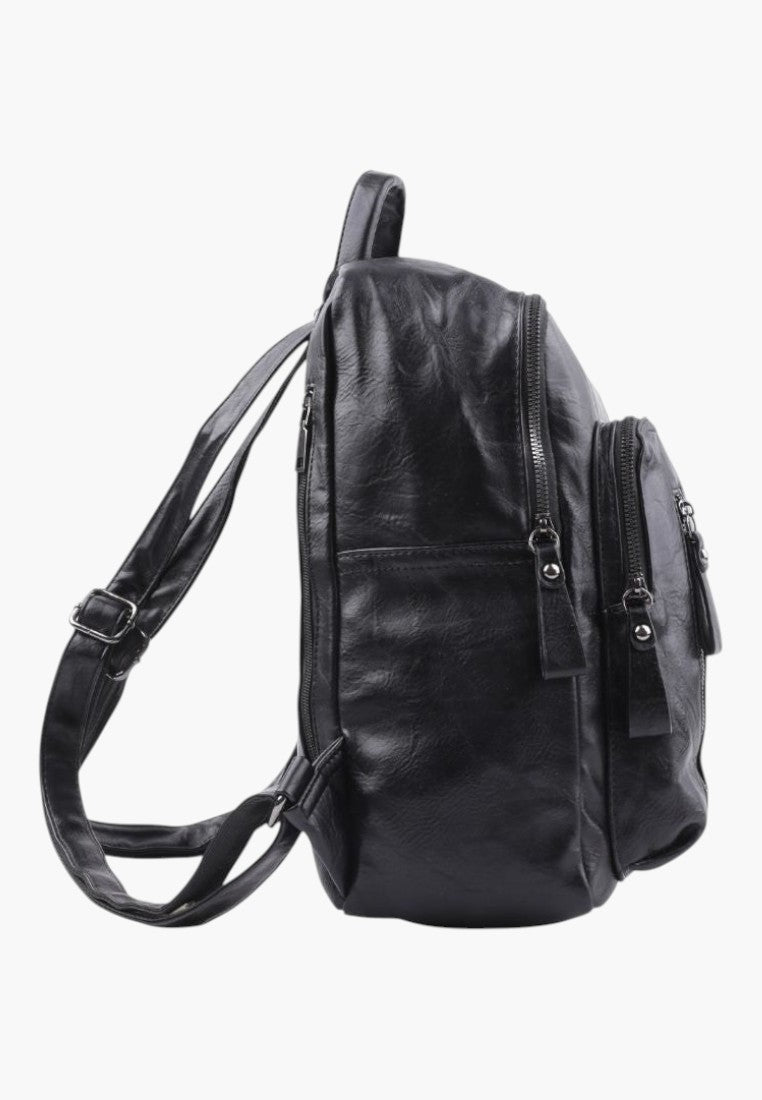 Falio black faux leather backpack with side view showing adjustable straps and front zipper pocket