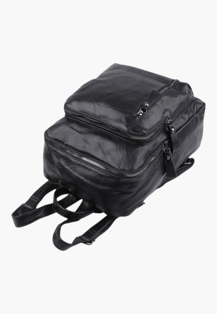 Falio black faux leather backpack with multiple zippered compartments and adjustable shoulder straps