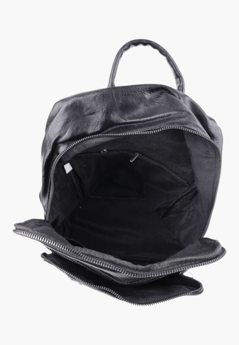 Falio black faux leather backpack with an open main compartment and top handle