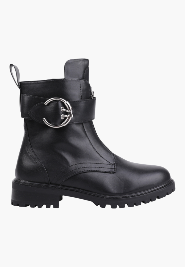 Falio black leather ankle boots with a silver buckle strap and chunky lug sole for autumn and winter wear.