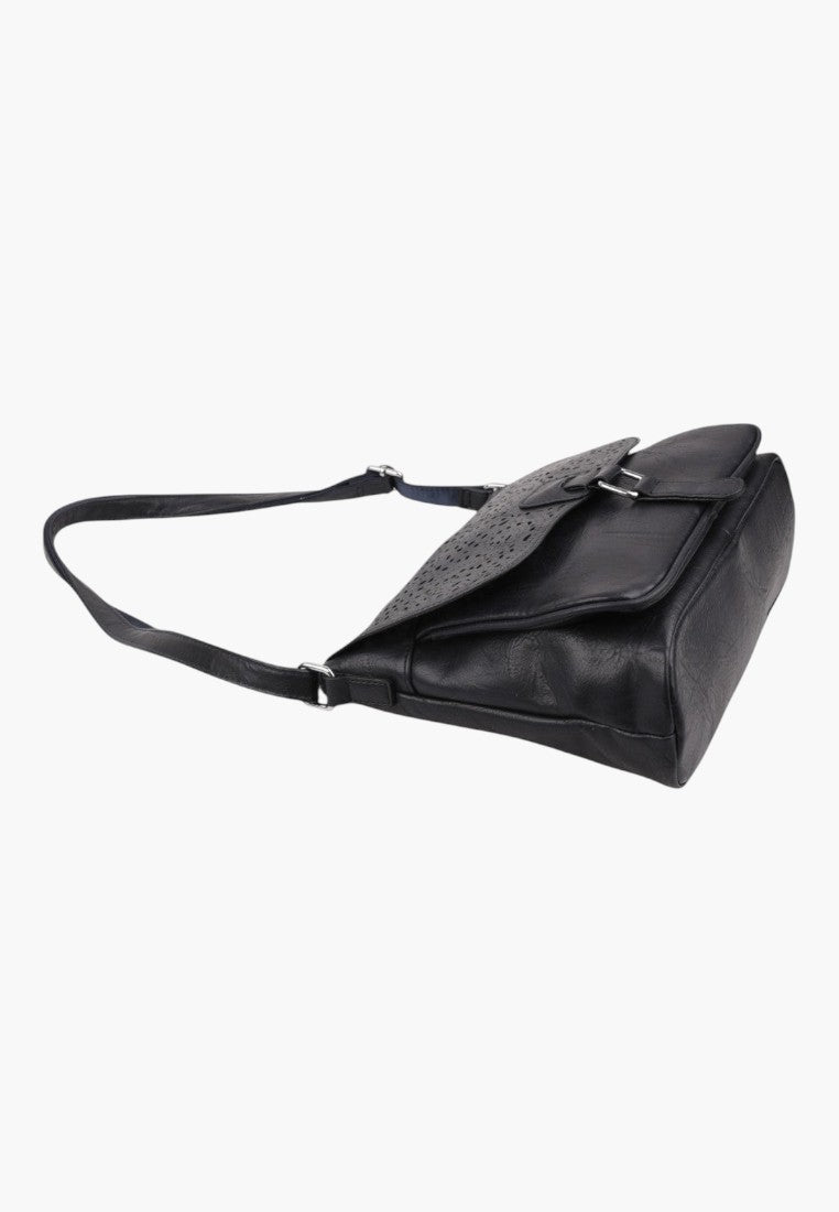 Falio black leather crossbody messenger bag with a decorative perforated flap and adjustable shoulder strap
