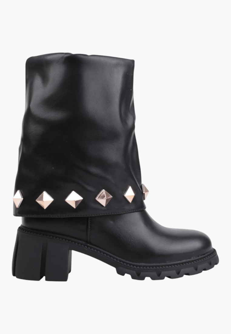 Falio black leather ankle boots with a folded cuff and metallic pyramid stud embellishments on a chunky block heel