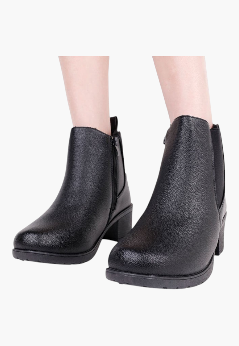 Falio black matte faux leather ankle boots with a square heel and side elastic gusset for casual wear