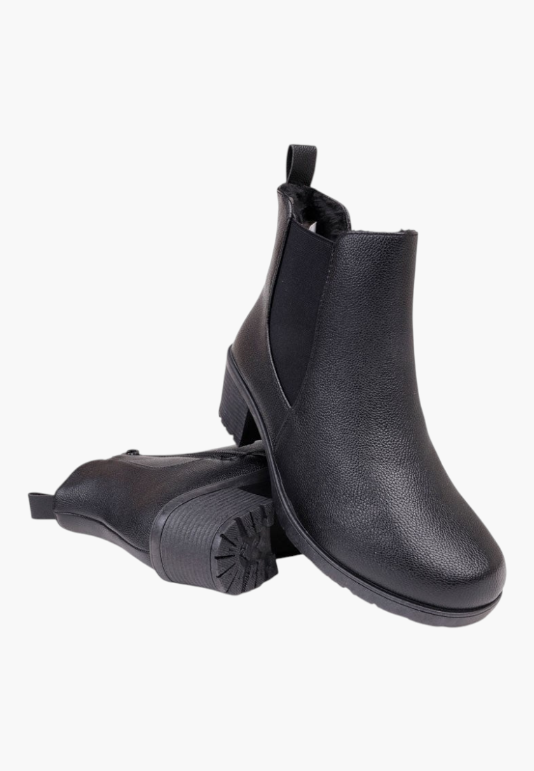 Falio black matte faux leather ankle boots with a square heel, side elastic panel, and warm lining.