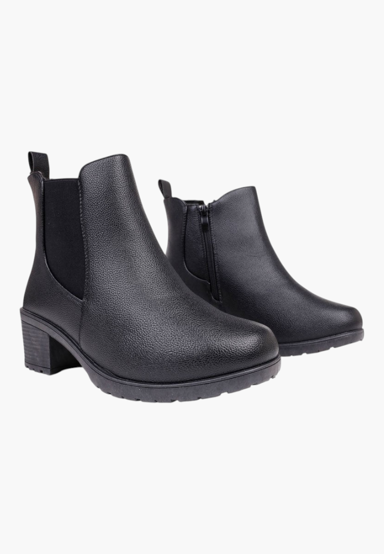 Falio black matte faux leather ankle boots with a square heel, side zipper, and elastic gore panel.
