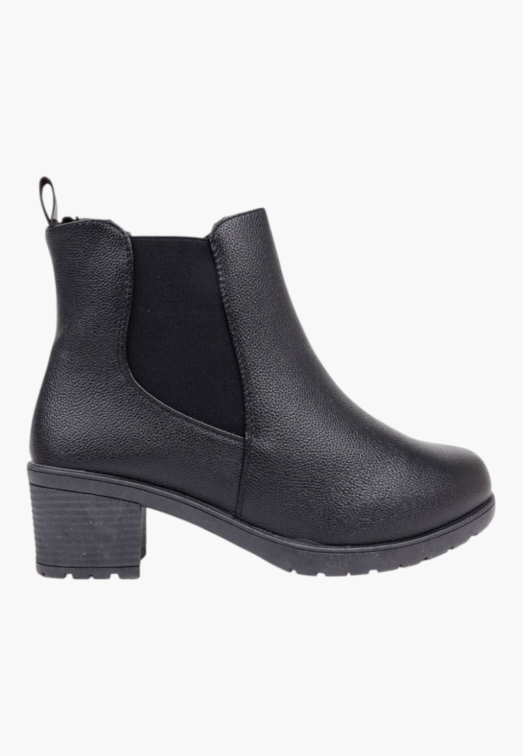 Falio black matte faux leather ankle boots with a block heel and elastic side panel for casual wear