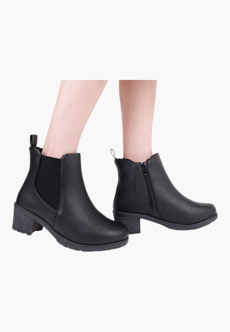 Falio black matte faux leather ankle boots with a square heel, side zipper, and elastic panel detail.