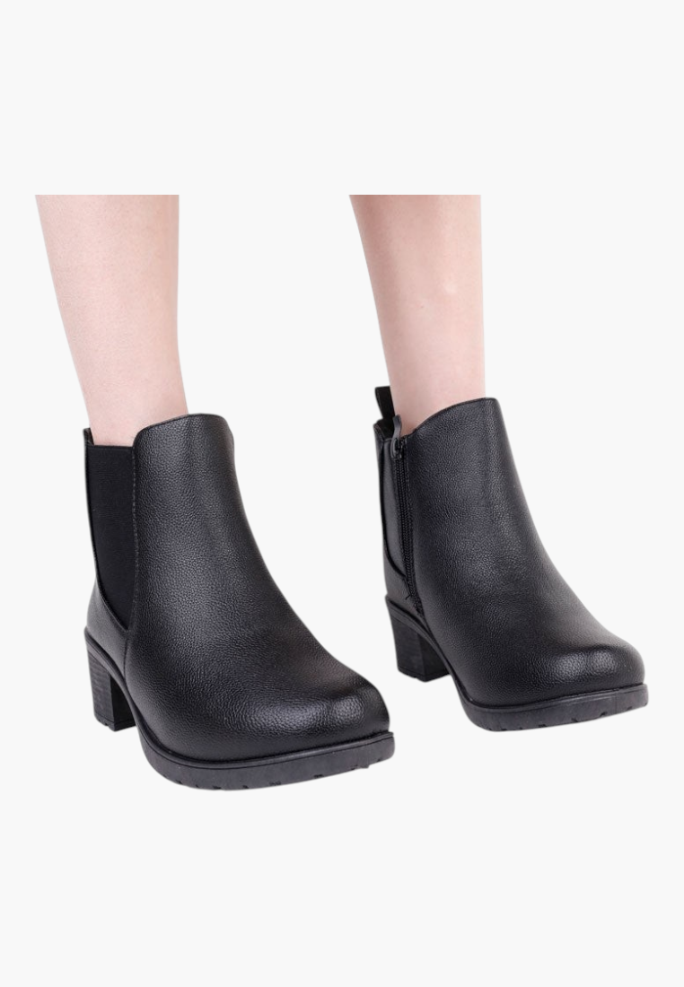 Falio black matte faux leather ankle boots with a square heel, side zipper, and elastic gore panel