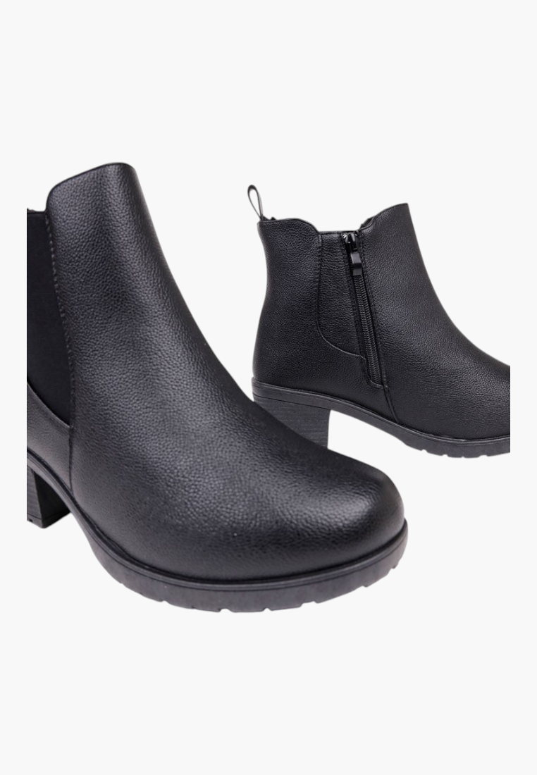 Falio black matte faux leather ankle boots with a square heel, side zipper, and elastic panel for casual wear.