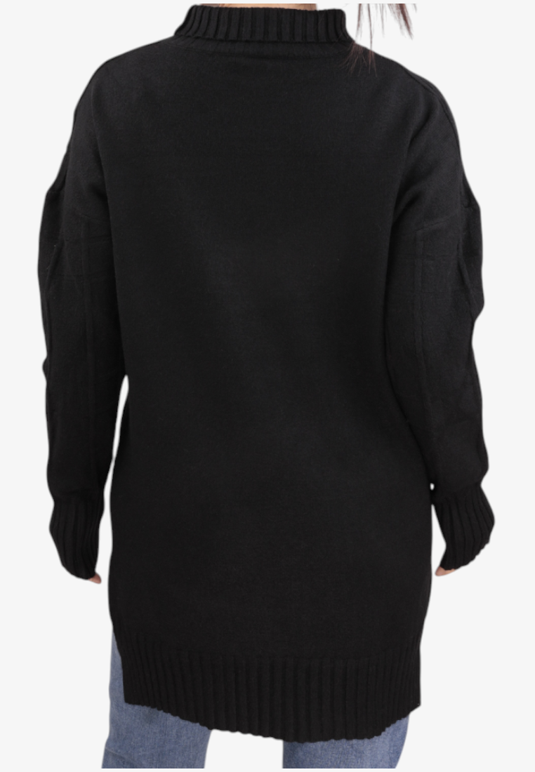 Falio black plus size women's sweater with a mock neck and long sleeves, shown from the back view.