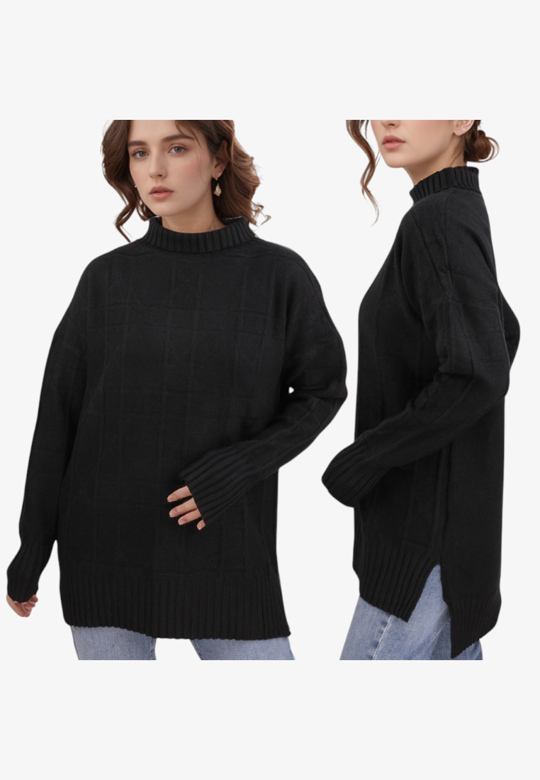 Falio black plus size sweater with a mock neck, long sleeves, and ribbed hem, worn by a model with jeans.