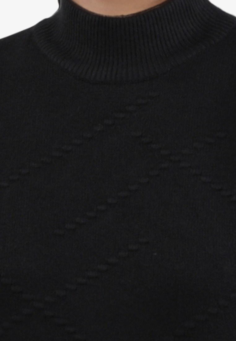 Falio black mock neck sweater in a wool and cashmere blend with a subtle textured diamond pattern