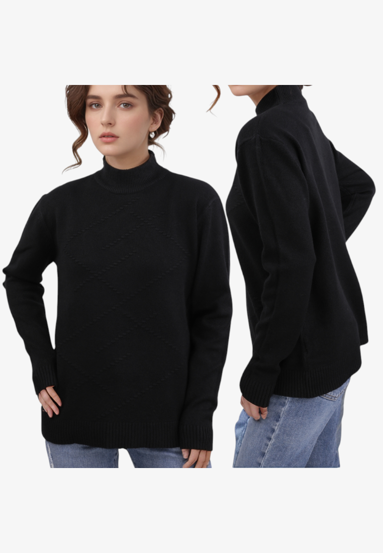 Falio black mock neck sweater in a wool and cashmere blend with a subtle diamond knit pattern on a female model
