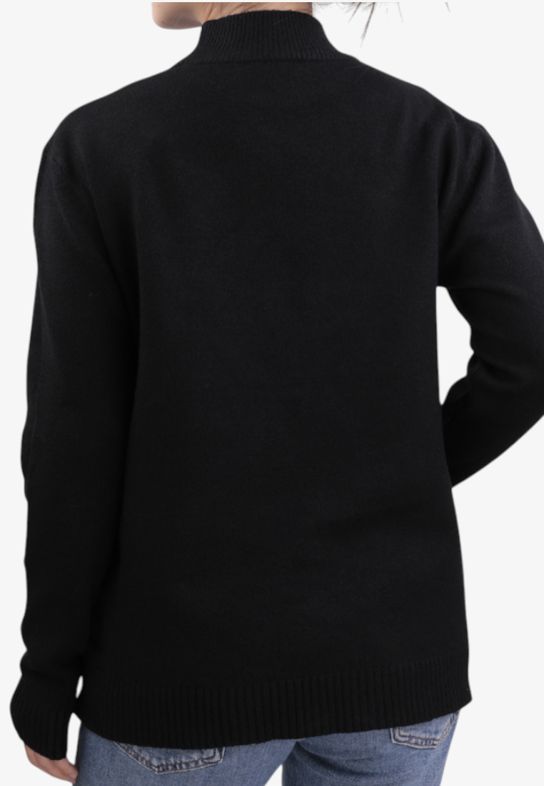 Falio black mock neck sweater made from a wool and cashmere blend, shown from the back on a model wearing jeans.