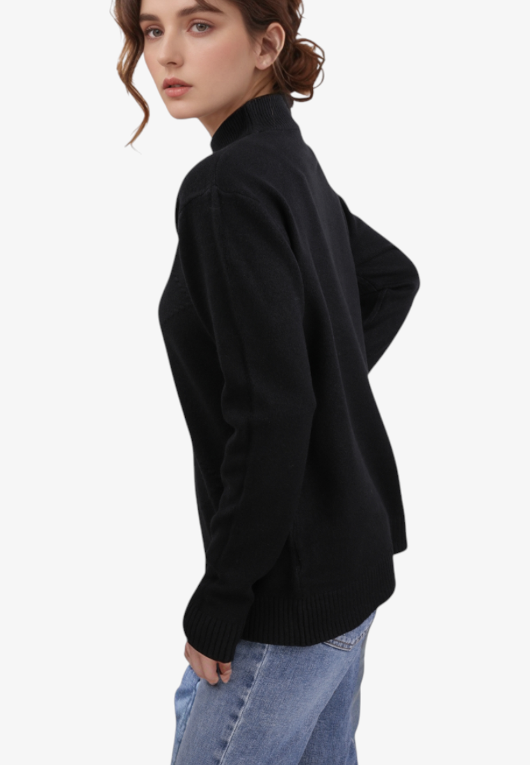 Falio black women's mock neck sweater made of wool and cashmere blend, worn by a model against a white background.