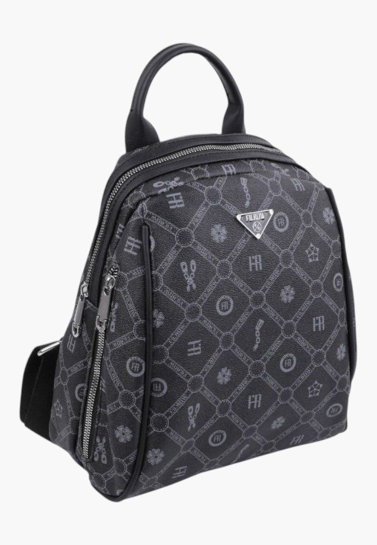 Falio black faux leather city backpack with a patterned monogram print, silver hardware, and multiple zip pockets.