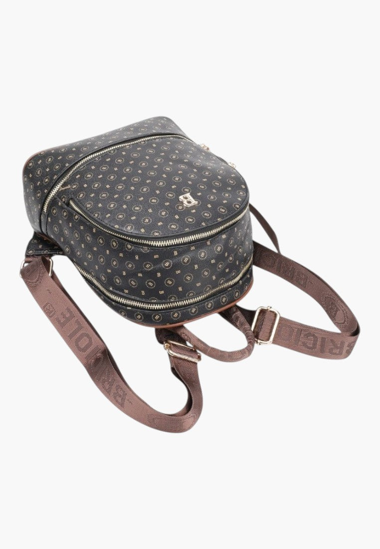 Falio black faux leather city backpack with monogram pattern, zippered compartments, and branded brown straps.
