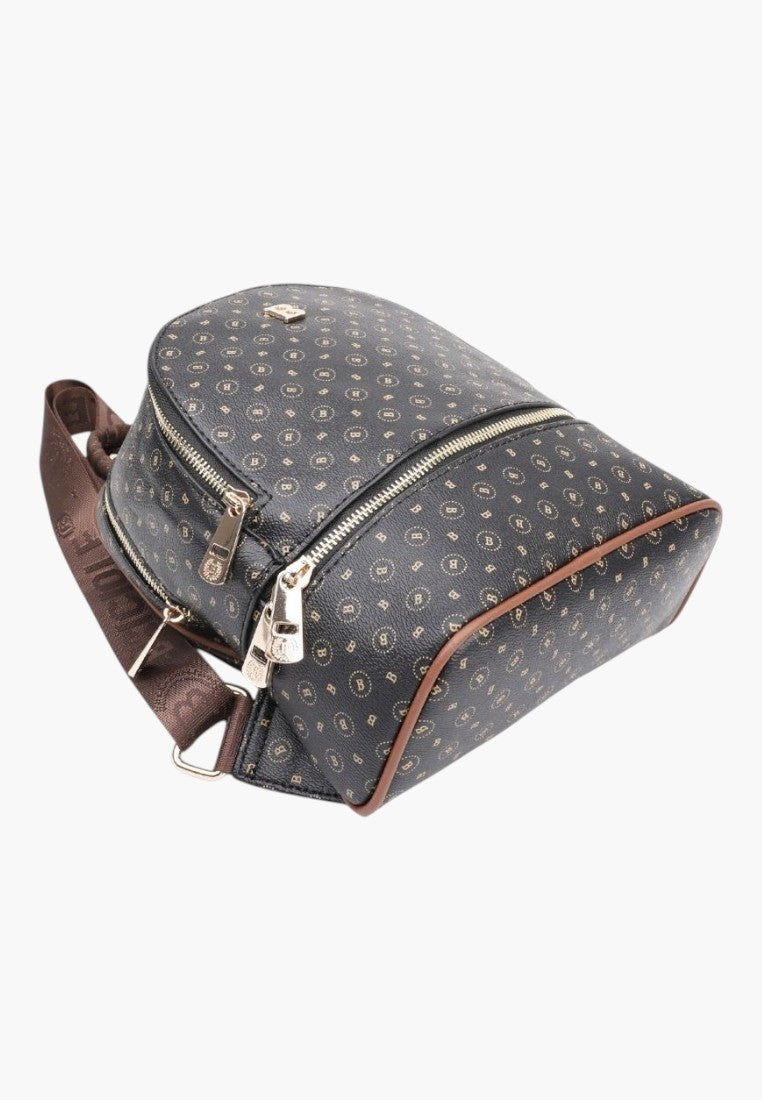Falio black faux leather city backpack with monogram pattern, gold zippers, and brown adjustable shoulder straps.