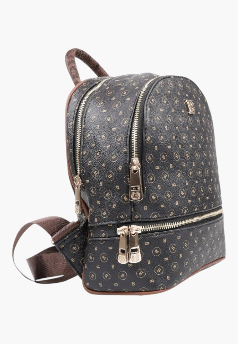 Falio black faux leather city backpack with gold monogram pattern, two zippered compartments, and brown straps.
