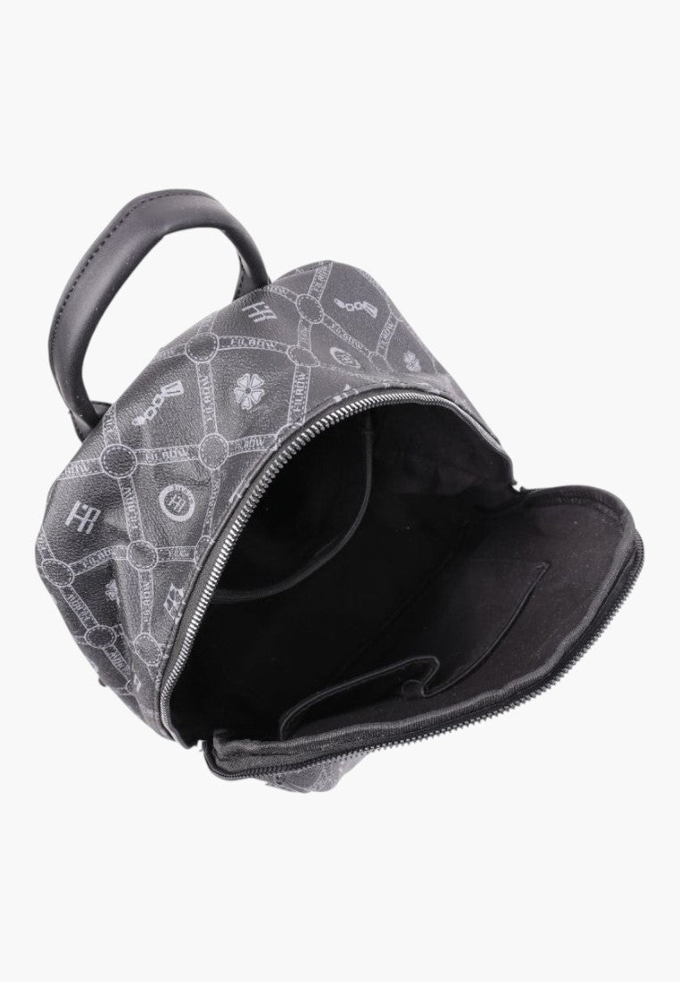 Falio urban women's backpack in black faux leather with a patterned monogram design and a zippered main compartment.