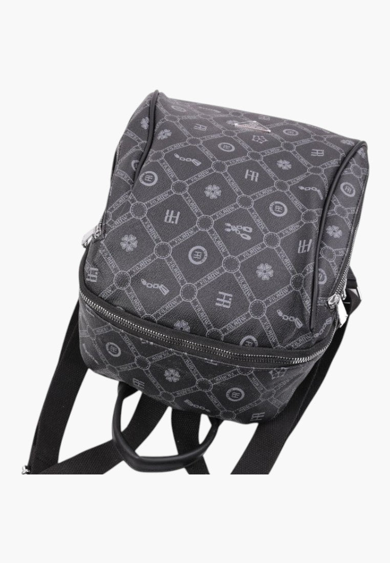 Falio urban women's backpack in black faux leather with a patterned monogram design and zippered main compartment