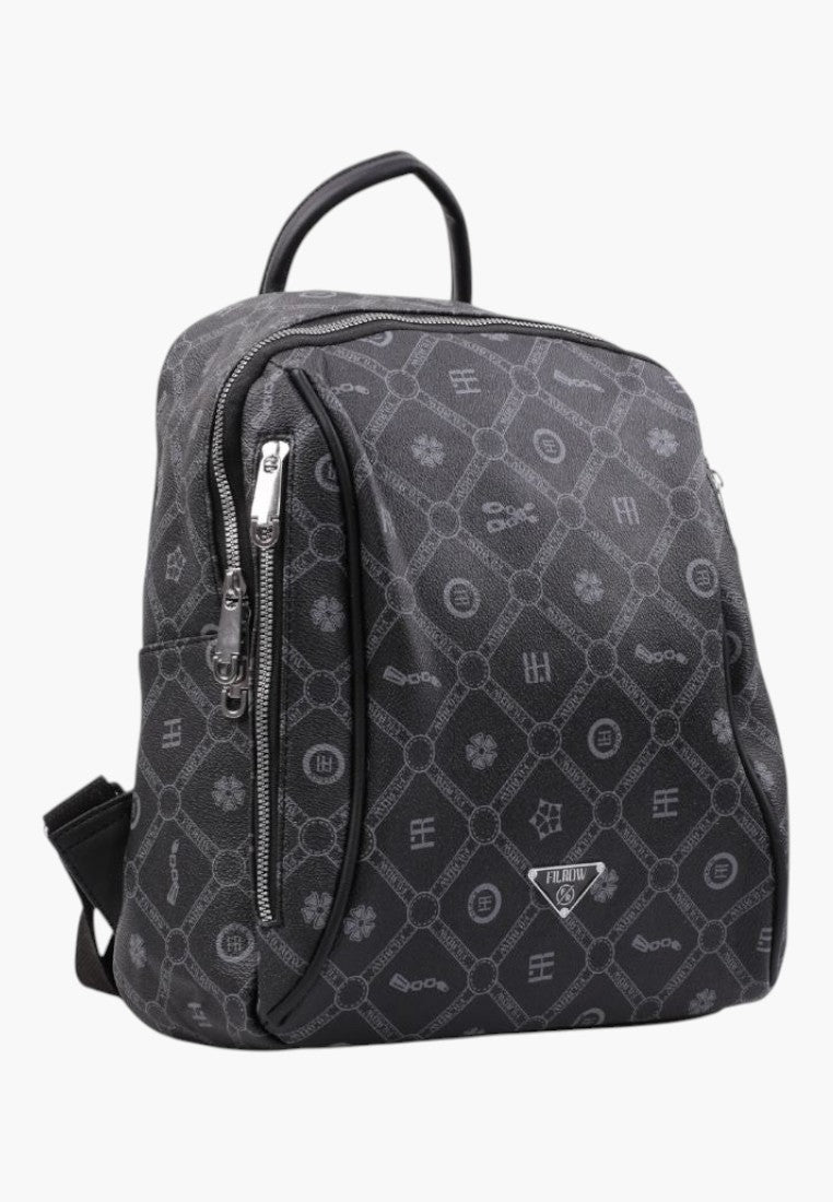 Falio urban women's backpack in black faux leather with a patterned monogram print and multiple zippered pockets