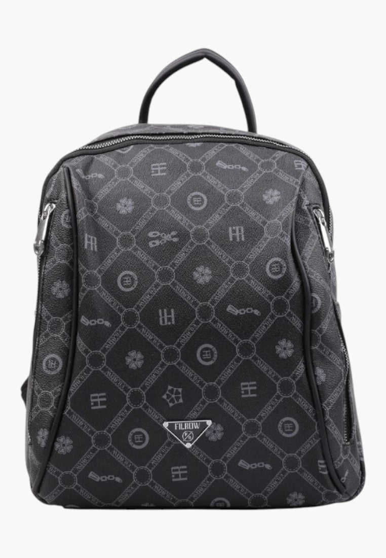 Falio women's urban backpack in black faux leather with a patterned monogram design and multiple zippered pockets