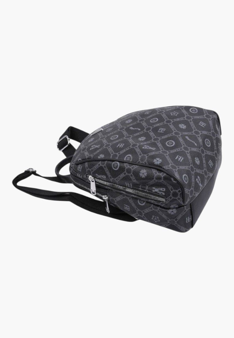 Falio black faux leather urban backpack with a patterned monogram print, featuring a zippered main compartment.