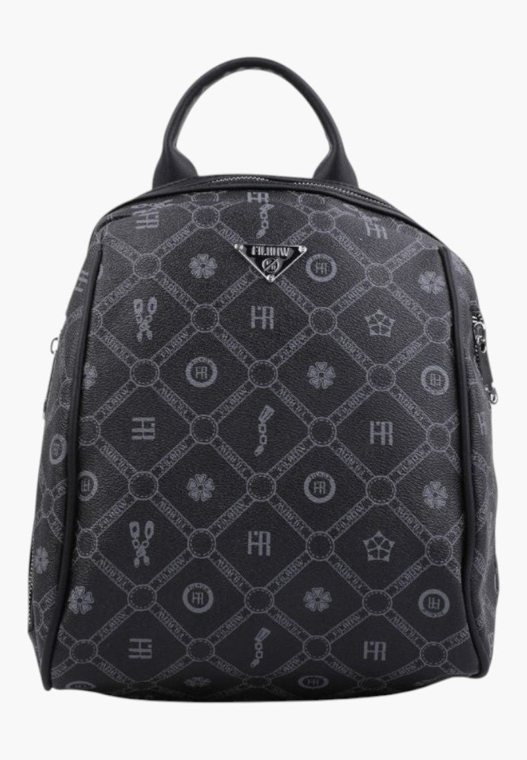 Falio black faux leather urban backpack with a patterned monogram design, top handle, and secure zipper closure.