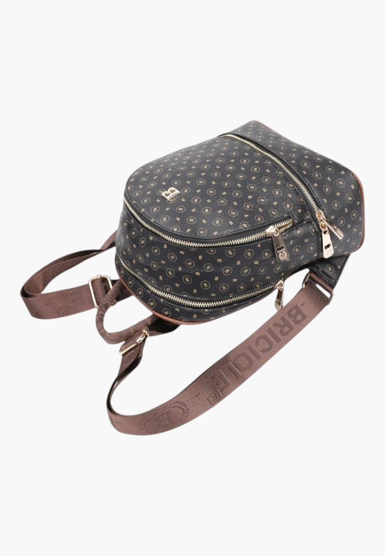 Falio black faux leather mini city backpack with monogram pattern, gold zippers, and brown branded shoulder straps.