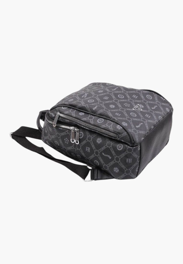 Falio women's urban backpack in black faux leather with a patterned monogram print and multiple zippered pockets.