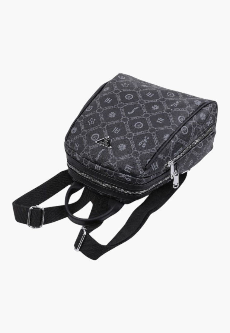 Falio black faux leather urban backpack with a patterned monogram design, featuring multiple zip compartments.