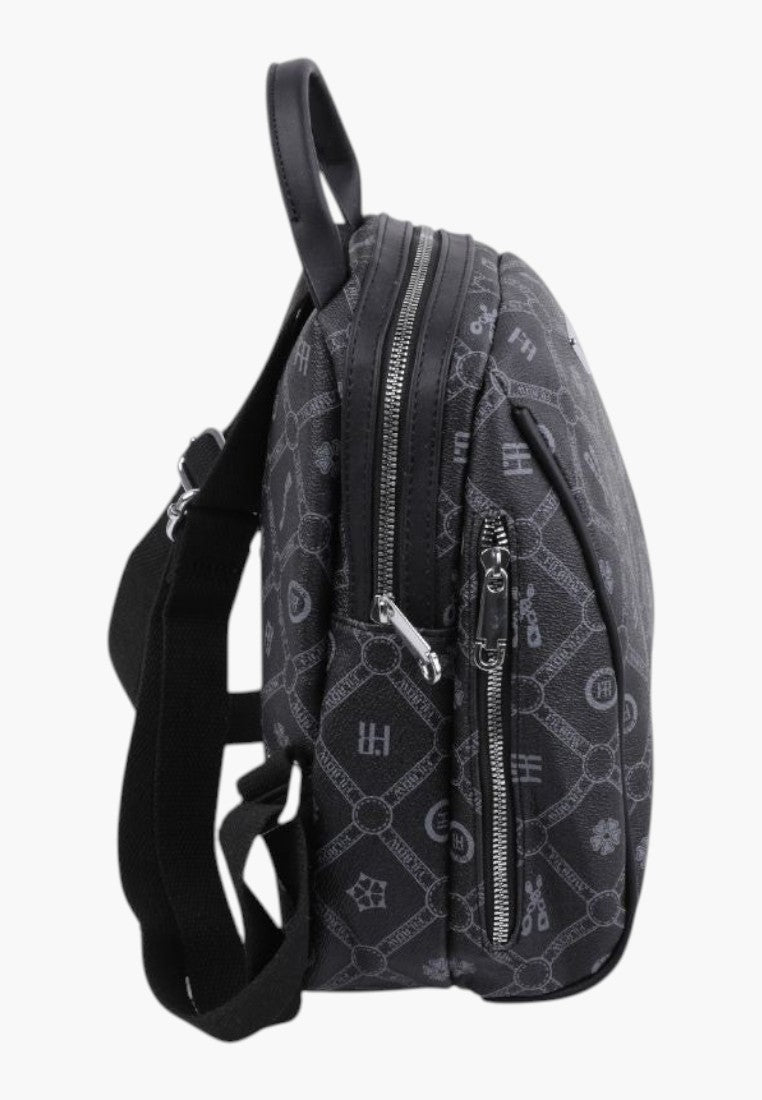 Falio black faux leather urban backpack with a patterned monogram design, side view featuring silver zippers.