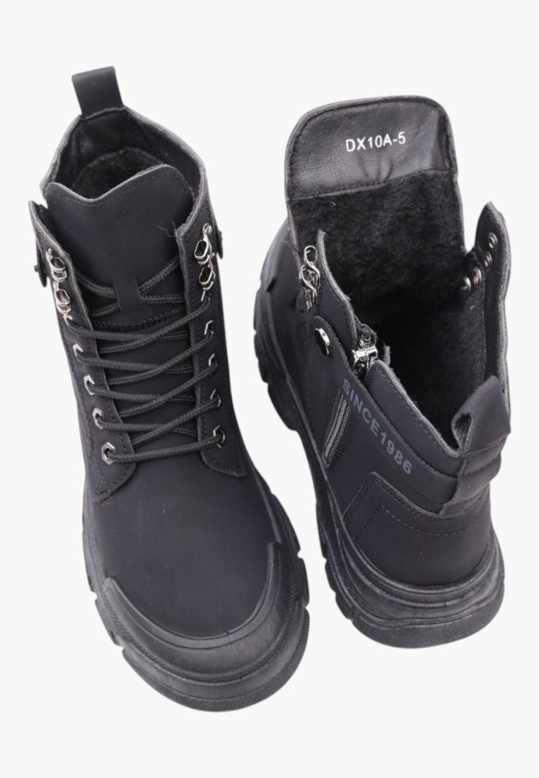 Falio black synthetic nubuck lace-up ankle boots with thick lug soles and warm interior lining