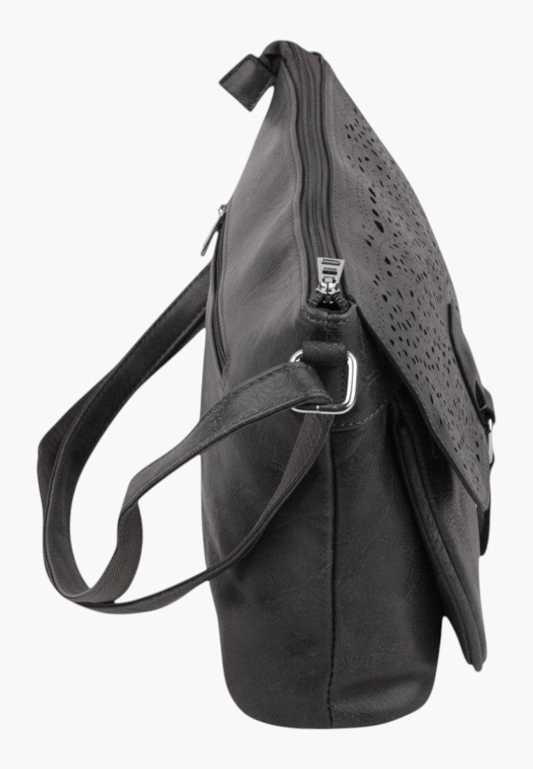 Falio black crossbody bag with laser-cut perforated flap detail and silver hardware, side view