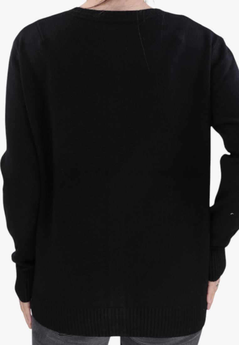 Back view of a Falio black plus size viscose blend cardigan with long sleeves and ribbed hem on a model