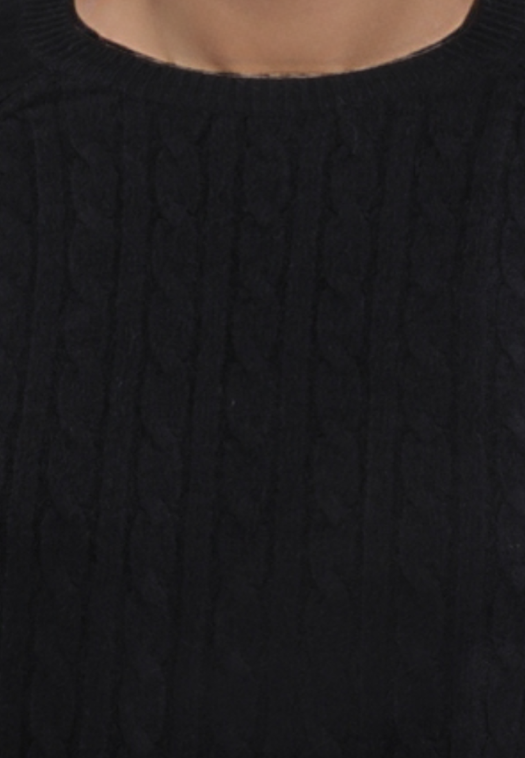 Falio plus size black button-up cardigan with a classic round neckline and soft viscose cable knit texture