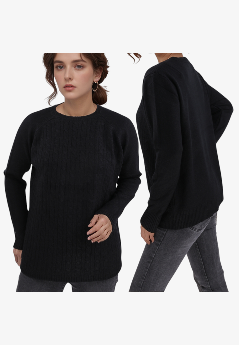 Falio plus size black viscose blend button-up cardigan with cable knit texture and round neckline on a model