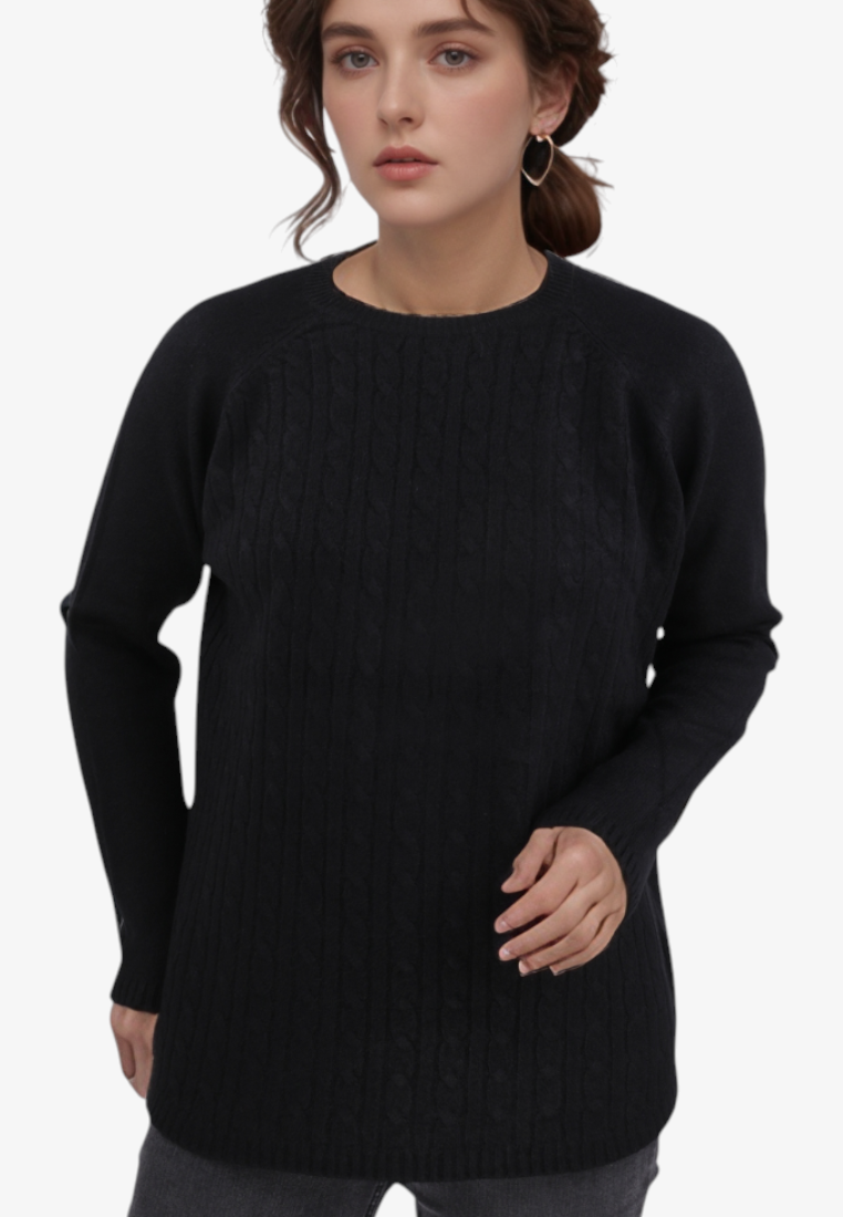 Falio plus size black long-sleeve button-up cardigan with a soft viscose blend and classic cable knit texture