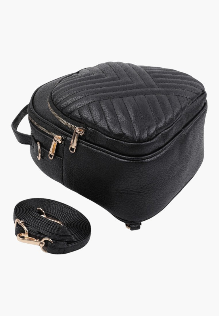 Falio black faux leather urban backpack with quilted chevron pattern, gold zippers, and detachable shoulder strap.