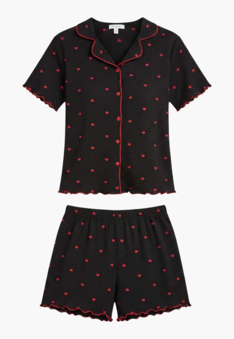 Falio black 100% cotton short pajama set with red heart print, V-neck, short sleeves, and button-up top.