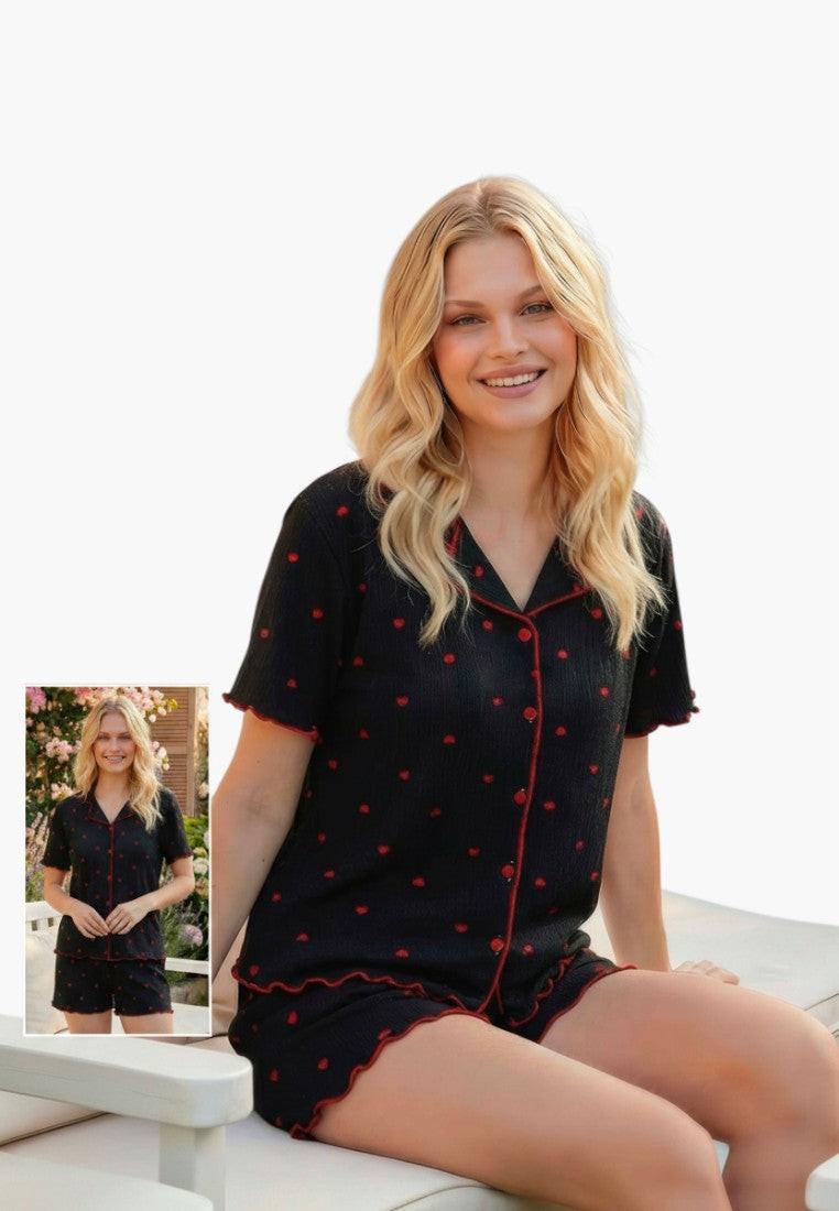 Falio black 100% cotton short pajama set with red heart print, V-neck, short sleeves, and button-up top.