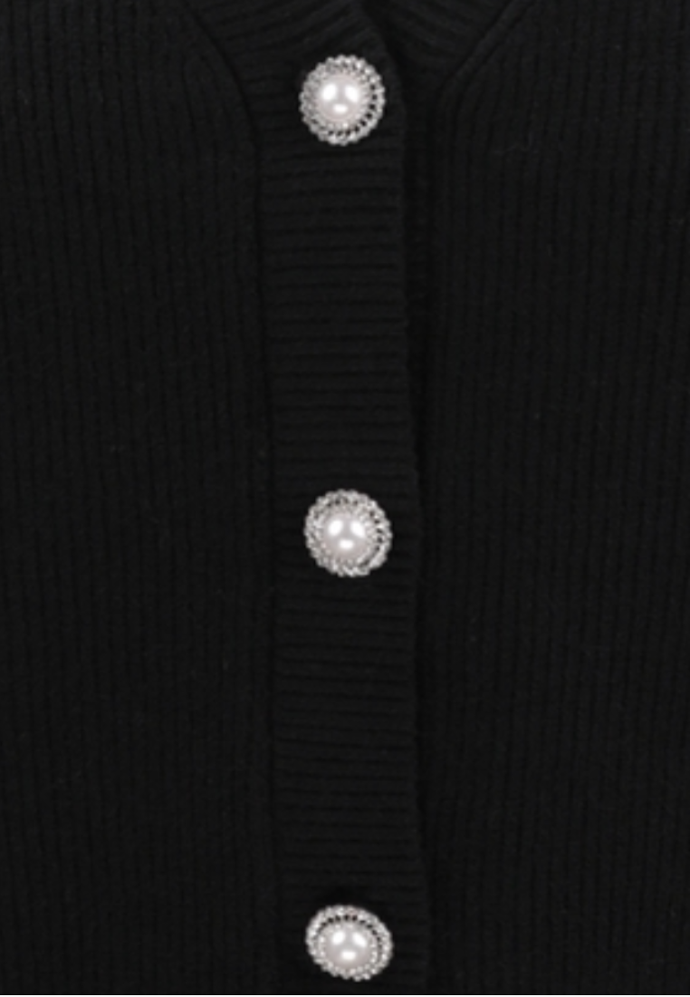 Falio black ribbed viscose cardigan featuring elegant pearl-style buttons and a classic V-neckline