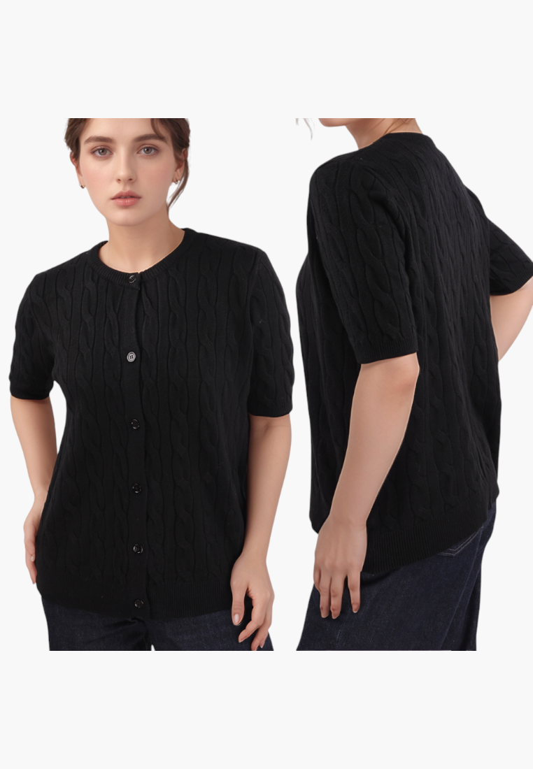 Falio black short-sleeve button-up cardigan in a cable knit viscose blend with a round neckline