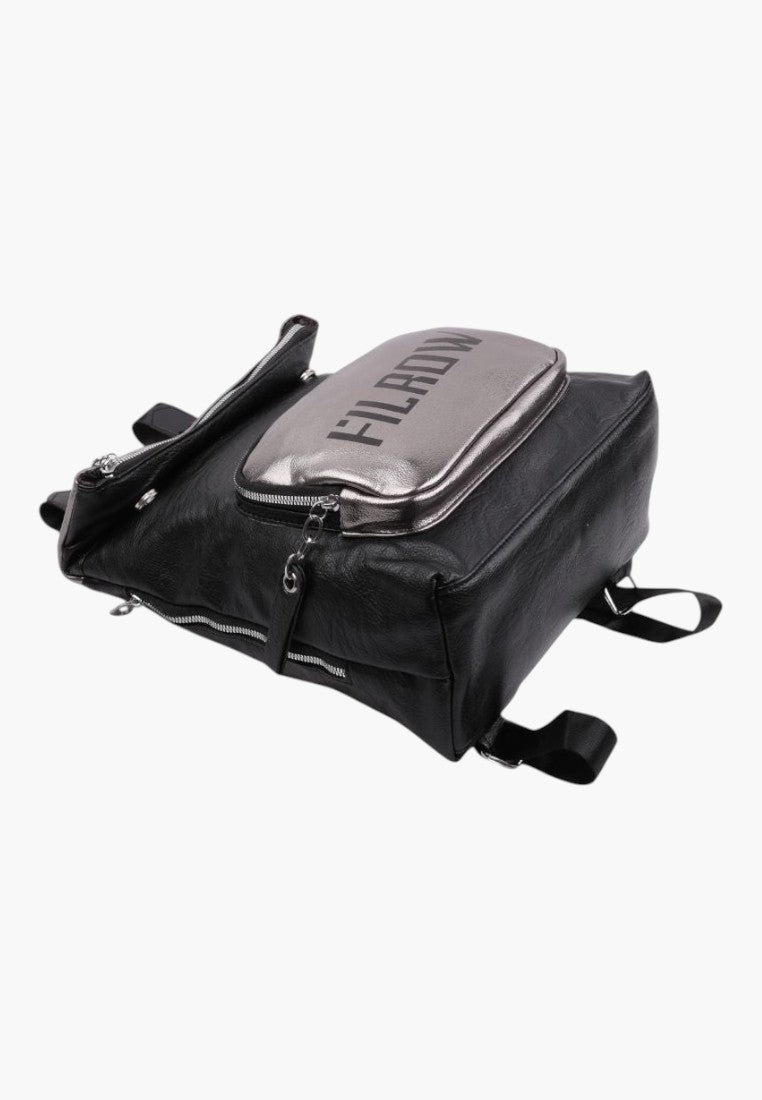 Falio urban backpack in black and metallic silver faux leather with a front pocket and zipper closure