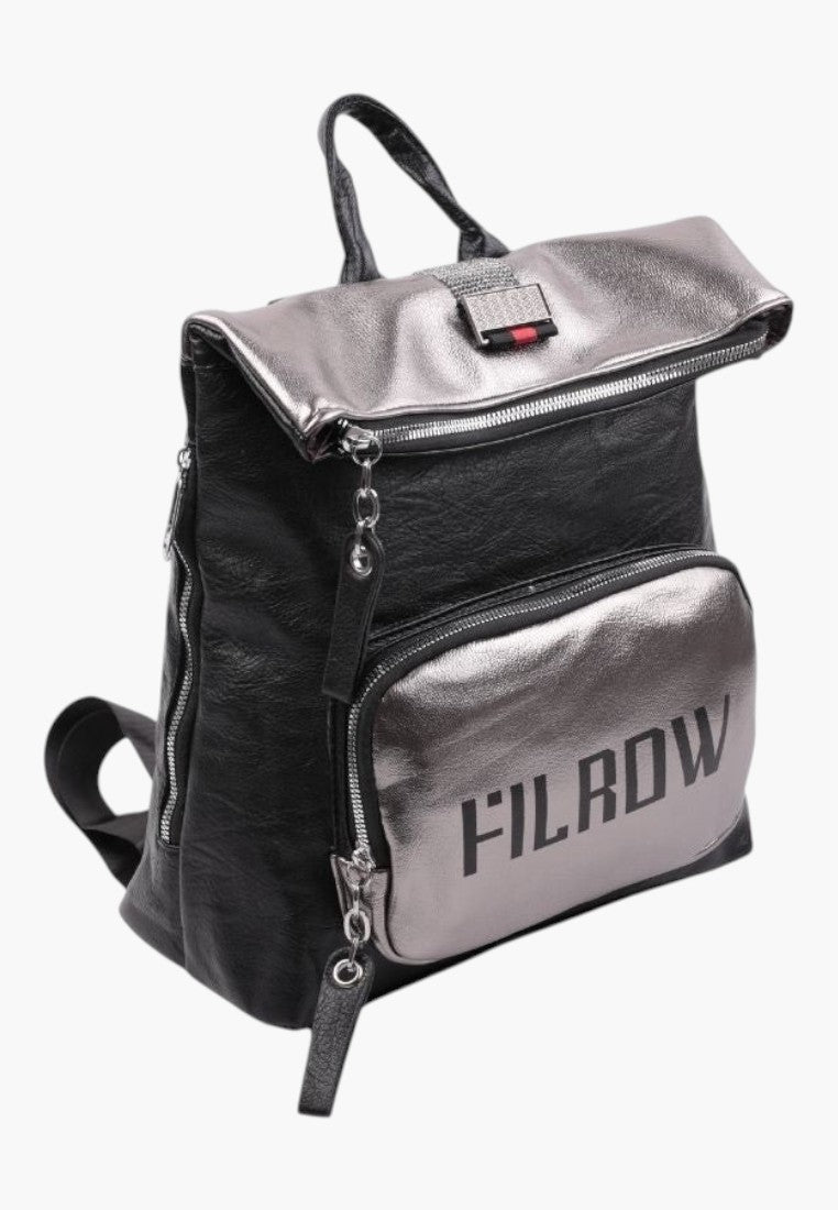 Falio urban backpack in black and metallic silver faux leather with a spacious A4 compartment and front pocket