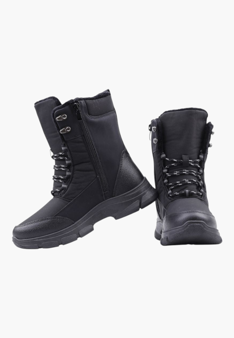 Falio women's black softshell snow boots with side zippers, lace-up front, and thick insulated foam soles.