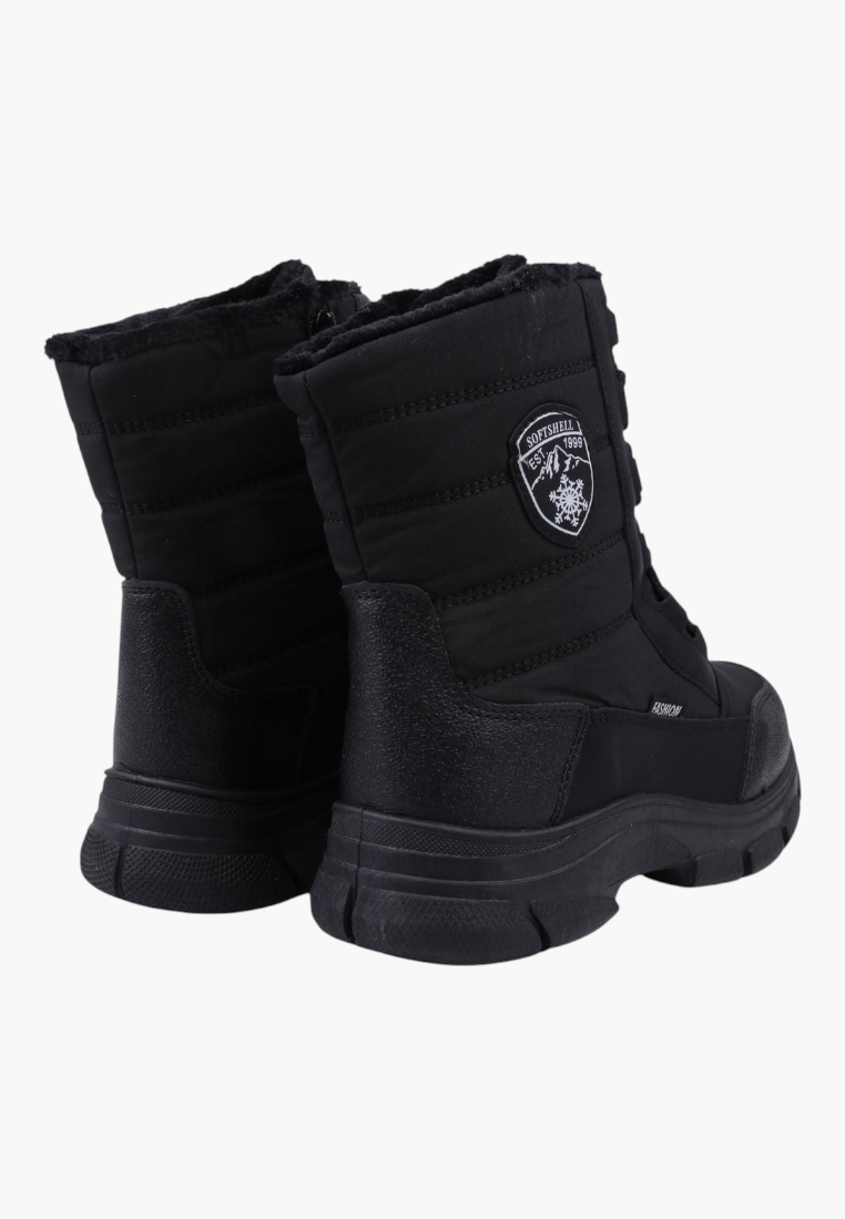 Falio black insulated softshell snow boots with quilted high-top design, thick soles, and side zipper detail.